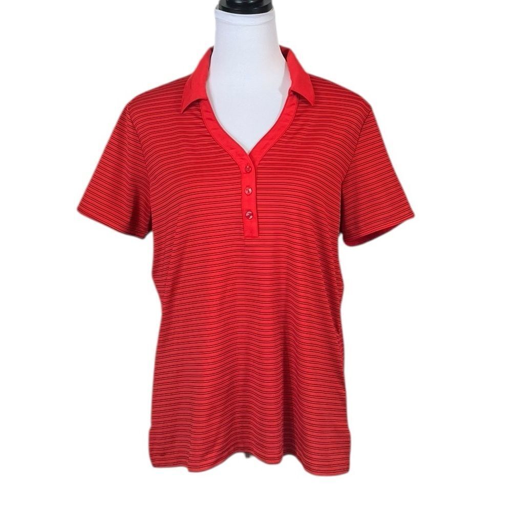Callaway Red And‎ Black Striped V-Neck Short Sleeve Shirt, Size L
